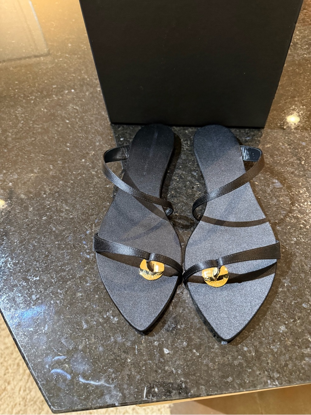 Saint Laurent Tanger Flat Sandals in Black Satin-Size38(Runs Small/Fits37or 37.5